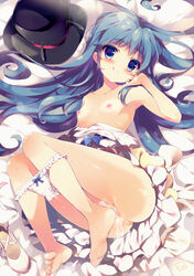 :p antennae barefoot blue_eyes blue_hair blush breasts clothing dress dress_tug feet female flat_chest happinesscharge_precure! hat long_hair looking_at_viewer lying nipples on_side panties panty_pull precure pretty_cure pussy pussy_juice pussy_juice_trail sarico shirayuki_hime shoes_removed smile solo toes tongue underwear