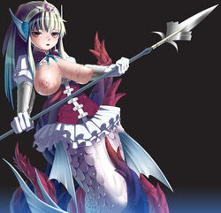 artist_request breasts female large_breasts long_hair merfolk mermaid monster_girl nipples open_mouth red_eyes silver_hair spear tentacle tiara warrior weapon wet