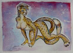 1girls all_fours anthro cheetah feline female fur furry grin hair hanging_breasts king_cheetah looking_at_viewer mammal nipples photo_(medium) picture_of_picture rokemi short_hair swiftfoot