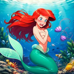 2025 ai_generated ariel_(the_little_mermaid) belly black_dot_eyes blue_eyes_female deviantart disney embarrassed_female female female_only mermaid mermaid_girl mermaid_suit mermaid_tail nude open_mouth red_blush red_eyebrows red_hair_female red_lips sea_background seashell_bra solo the_little_mermaid thesmartfox tummy underwater underwater_view wet_face wet_head