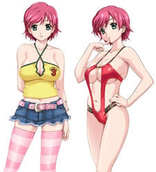 1girls boin breasts cleavage female female_only green_eyes hair hand_on_hip hot_pants iihara_nao large_breasts red_hair resort_boin short_hair skirt solo striped striped_legwear swimsuit