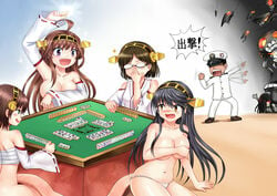 1boy 4girls adjusting_glasses admiral_(kantai_collection) anger_vein bare_shoulders black-framed_glasses blush board_game bottomless breasts brown_hair covering covering_breasts detached_sleeves fundoshi glasses glowing glowing_eyes green_eyes hair_ribbon haruna_(kantai_collection) hiei_(kantai_collection) highres kantai_collection kirishima_(kantai_collection) kongou_(kantai_collection) large_breasts long_hair mahjong mahjong_table mahjong_tile multiple_girls navel open_mouth orange_eyes pale_skin panties purple_eyes ribbon ru-class_battleship sarashi shinkaisei-kan short_hair smile smirk sparkle strip_mahjong tears text topless translation_request underwear white_panties wo-class_aircraft_carrier y.ssanoha yellow_eyes