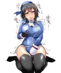 black_hair black_legwear breast_grab breasts female highres kantai_collection large_breasts masturbation mizuyan open_mouth pink_eyes short_hair simple_background solo takao_(kantai_collection) thighhighs white_background