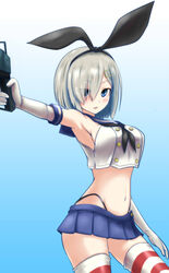 armpits blue_background blue_eyes blush breasts elbow_gloves female gloves gradient gradient_background hair_ornament hair_over_one_eye hairband hairclip hamakaze_(kantai_collection) highres kantai_collection navel personification ryuusama shimakaze_(kantai_collection) shimakaze_(kantai_collection)_(cosplay) short_hair silver_hair skirt solo striped striped_legwear thighhighs