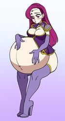 artist_request belly_button big_ass big_belly blush boots breasts brunnya_(fire_emblem) cleavage earrings female fire_emblem fire_emblem:_the_binding_blade hands_on_belly high_heels jewelry lips long_gloves long_hair pauldrons pink_eyes pink_hair pregnant purple_eyes purple_hair simple_background solo sweatdrop tagme thick_thighs