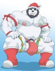 2024 anthro asian_clothing balls bear beard black_hair black_nose boots bulge christmas christmas_clothing christmas_headwear clothing crouching domino_(midnighthossman) east_asian_clothing facial_hair footwear fundoshi genitals giant_panda gradient_background hair hat headgear headwear hi_res holidays japanese_clothing jingle_bell_legband looking_at_viewer male male_only mammal musclegut muscular muscular_anthro muscular_male nipples one_eye_closed pecs penis penis_base pubes santa_hat shoes simple_background solo tattoo teeth tylerstark underwear white_body wink