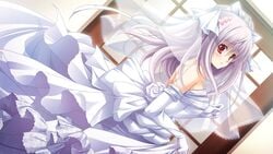 3-nin_iru! blush dress elbow_gloves female game_cg gloves long_hair mibuno_suzume purple_hair red_eyes suzui_narumi wedding_dress