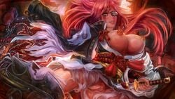 1girls amputee baiken bouncing_breasts breasts breasts_out chains claw_(weapon) colored_pubic_hair commentary dark_nipples eye_patch eyepatch facial_tattoo female female_only guilty_gear guilty_gear_xrd hand_on_hilt highres japanese_clothes katana kimono large_breasts lips long_hair mightyhonk nipples no_panties one-eyed pink_eyes pink_hair pubic_hair pussy red_hair reverse_grip scabbard scar scar_across_eye solo sword tattoo uncensored unsheathing weapon