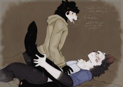 absurd_res anal anal_sex announcing_orgasm anthro ass bed black_body black_fur blush bodily_fluids border_collie bottomless braces butt_grab canid canine canis cerberussenn cheek_stripes clenched_teeth clothed clothing collie cowgirl_position cum_inside_request cum_request dialogue domestic_dog dream drooling duo ear_piercing english_text floppy_ears freckled_face freckles from_front_position fur furniture hair hand_on_butt heart_symbol herding_dog hi_res hoodie hoodie_only lee_sweeto_(cerberussenn) male male/male mammal markings moan mole_(marking) motion_lines multicolored_hair oliver_kang_(cerberussenn) on_bottom on_top open_mouth pastoral_dog pawpads penetration pie_cut_eyes piercing pillow plap riding romantic romantic_couple saliva sex sheepdog shirt shirt_only signature speech_bubble tan_tongue teeth text tongue tongue_out topwear topwear_only two_tone_hair white_body white_fur wolf