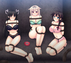 3girls ahoge black_hair blonde_hair blue_eyes bondage bra braid breasts hair_ornament hair_ribbon hairclip hiyou_(kantai_collection) kantai_collection long_hair multiple_girls panties personification red_eyes ribbon roll_of_tape shigure_(kantai_collection) single_braid takano_miki tape underwear yuudachi_(kantai_collection)