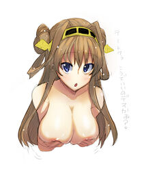 akino_sora blue_eyes blush breast_grab breasts brown_hair female female hairband highres kantai_collection kongou_(kantai_collection) long_hair looking_at_viewer nipples nude open_mouth personification sketch solo text translated