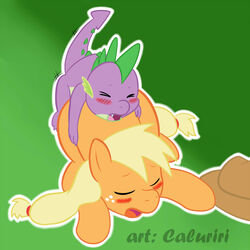 all_fours applejack_(mlp) blonde_hair blush caluriri closed_eyes cowboy_hat doggy_style dragon duo equine female feral freckles friendship_is_magic from_behind fur hair hat horse humping interspecies male mammal my_little_pony open_mouth orange_fur penetration pony sex spike_(mlp) straight tongue