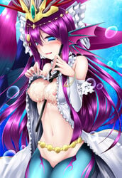 animal_ears bare_shoulders belly_chain blue_eyes blush bracelet breasts bubble crown cum cum_on_body cum_on_breasts cum_on_upper_body female highres jewelry long_hair looking_at_viewer mermaid monster_girl mouth_hold navel nipples open_clothes open_mouth open_shirt purple_hair puzzle_&_dragons shimo_(depthbomb) siren_(p&d) smile solo