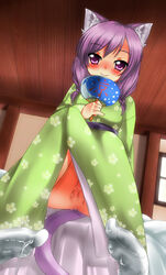 animal_ears blush cat_ears cat_tail female haruakira_rika highres japanese_clothes kimono looking_at_viewer no_panties original playjoe2005 purple_eyes purple_hair pussy sitting smile solo tail