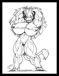 big_breasts bovenus bovine breasts docwolph drawn extreme_muscles female horn huge_breasts hyper hyper_breasts mammal monochrome muscles muscular_female nude plain_background pussy smile strangerataru