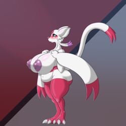 2014 anthro bantar2 big_breasts big_nipples blue_eyes blush breasts chubby claws female fur furry hi_res hindpaw huge_breasts mienshao nintendo nipples nude paws pokemon pokemorph purple_nipples red_fur red_nose smile solo standing thighs video_games white_fur