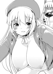 2girls atago_(kantai_collection) blush breast_envy breasts hanging_breasts hat highres kantai_collection large_breasts long_hair looking_at_viewer monochrome multiple_girls nipples open_clothes personification smile takara_akihito