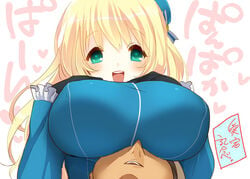 atago_(kantai_collection) black_gloves blonde_hair blush breast_rest breast_squeeze breasts breasts_on_head female gloves green_eyes hat heart heart-shaped_pupils huge_breasts kantai_collection long_hair military military_uniform open_mouth ot-nm pan-pa-ka-paaan! personification smile symbol-shaped_pupils translated uniform