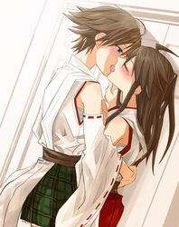 2girls blue_eyes blush brown_hair closed_eyes detached_sleeves female french_kiss gogono_panya haruna_(kantai_collection) hiei_(kantai_collection) highres incest kantai_collection kissing long_hair multiple_girls nontraditional_miko personification plaid plaid_skirt short_hair siblings sisters skirt tears yuri