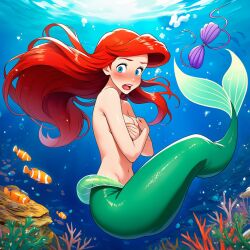 2025 ai_generated ariel_(the_little_mermaid) belly black_dot_eyes blue_eyes_female covering_boobs covering_breasts covering_nipples deviantart disney embarrassed_female female female_only green_tail looking_at_viewer mermaid mermaid_girl mermaid_suit mermaid_tail nude open_mouth red_blush red_eyebrows red_hair_female red_lips sea_background seashell_bra shocked_at_viewer solo tail the_little_mermaid thesmartfox tummy underwater underwater_view
