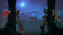 3girls ahanubis animal_ears anubis arms_up ass bikini black_hair blonde_hair body_writing crocodile crocodile_girl crocodilian dark_skin desert egypt egyptian_clothes from_behind gold_jewelry harem_of_ankhutep jackal_ears jewelry kemonomimi looking_back micro_bikini monster_girl moon multiple_girls mushroom_girl night outdoors posing pyramid sideboob standing tattoo thong underboob white_hair