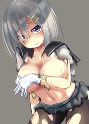 black_legwear blue_eyes blush breasts comord female gloves hair_ornament hair_over_one_eye hamakaze_(kantai_collection) kantai_collection large_breasts looking_at_viewer navel pantyhose personification short_hair silver_hair solo tears torn_clothes torn_pantyhose