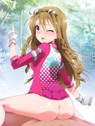 ass backboob blonde_hair blue_eyes blush braid breasts female from_behind gloves highres human idolmaster idolmaster_million_live! kaiga kousaka_umi legs long_hair looking_back lying male no_panties open_mouth sex sitting sitting_on_person straight sunglasses sweat thighs trees vaginal_penetration wince