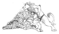 anthro balls bent_over blackteagan equine feline from_behind fur furry furry_only lion male male_only male_wearing_strapon mammal multiple_males no_humans penis strap-on strap-on_over_chastity strap-on_over_penis tagme yaoi zebra