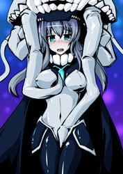 aqua_eyes blush bodysuit cape covered_nipples female hi_res high_resolution highres kantai_collection long_hair masturbation monster open_mouth pale_skin personification shinkaisei-kan silver_hair tamakko teeth wo-class_aircraft_carrier