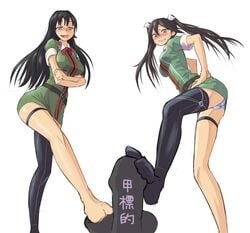 asymmetrical_legwear black_hair blush brown_hair cfnm chikuma_(kantai_collection) clothed_female_nude_male double_footjob female femdom footjob grin kantai_collection male panties penis pov straight tensoul thighhighs threesome tied_hair tone_(kantai_collection) twintails yellow_eyes