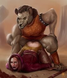 1boy 1girls affront_to_nature all_fours anthro anthro_on_female anthro_on_human anthro_penetrating anthro_penetrating_female anthro_penetrating_human armor ass baldur's_gate belt blood bondage bound bound_legs bound_wrists brown_fur claws clothing crying crying_with_eyes_open defeated digitigrade endured_face fangs female female_penetrated forced from_behind fur furry gnoll grin head_back hood hoodie human human_female human_on_anthro humansub imoen interspecies isatan light-skinned_female light_skin male male_pubic_hair mane moaning monster open_mouth pain pubes pubic_hair_peek rape rocks sand scratch shocked spikes spreader_bar straight surprised tears top-down_bottom-up torn_clothes torn_clothing torn_pants wide_eyed wrists_to_legs