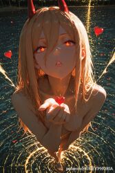 ai_assisted ai_generated barefoot blonde_hair blowing_kiss breasts chainsaw_man collarbone demon_girl eyelashes female from_above hair_between_eyes heart holding horns lips long_hair looking_at_viewer looking_up night nude outdoors power_(chainsaw_man) red_eyes red_horns reflection ripples solo standing symbol-shaped_pupils teeth wading water wet wings yellow_eyes