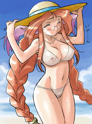 beach bikini breasts breath_of_fire breath_of_fire_iii brown_hair closed_eyes glasses hat large_breasts momo_(breath_of_fire) sun_hat swimsuit twin_braids