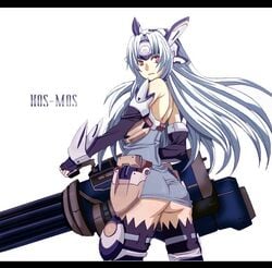 back blue_hair elbow_gloves fujii_toshiaki gatling_gun gloves gun huge_weapon kos-mos letterboxed long_hair looking_back no_panties solo thighhighs weapon xenosaga xenosaga_episode_iii