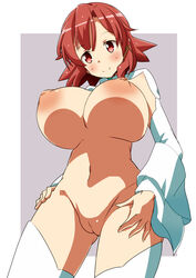 ass_visible_through_thighs blush breasts cleavage detached_sleeves female highres huge_breasts inverted_nipples izetta looking_at_viewer naruse_mai navel pussy red_eyes red_hair shuumatsu_no_izetta smile solo thighhighs white_legwear