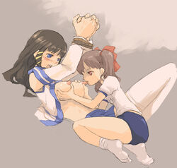 2chan bondage breast_grab breast_sucking breastfeeding breasts buruma feet female footwear gym_uniform multiple_girls open_clothes open_shirt os-tan pota shirt sketch socks xp-tan yuri