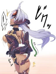 ! android blush breasts cleavage color cyborg dark-skinned_female dark_skin female hijiri solo super_robot_wars super_robot_wars_og_saga_mugen_no_frontier surprised t-elos translation_request wardrobe_malfunction white_hair xenosaga xenosaga_episode_iii