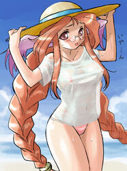 beach bikini blush braid breath_of_fire breath_of_fire_iii bunny_ears clothing dr.p erect_nipples erect_nipples_under_clothes glasses hat long_hair momo_(breath_of_fire) orange_hair red_eyes red_hair see-through sheer swimsuit t-shirt tied_hair twintails