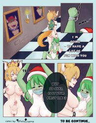 1futa 1girls 2023 areolae balls blonde_female blonde_hair blue_eyes bondage bowser bowsette bowsettetruequeencomic breasts chains christmas comic comic_page dialogue duo english_text erection feliz_cuervo female futa_on_female futanari genderswap_(mtf) green_hair humanized humanoid humanoid_penis humanoidized light-skinned_futanari light_skin mario_(series) new_super_mario_bros._u_deluxe nintendo nintendo_switch nipples nude penis rule_63 standing super_crown super_mario_bros. tape taped_mouth text transformation yoshette yoshi