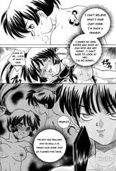 ahe_gao artist_request black_and_white defeated doujinshi english_text incest inuyasha kagura_(inuyasha) kohaku_(inuyasha) nipples rape sango tears watermark