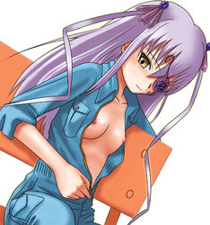 barasuishou bench breasts eye_patch nipples no_bra purple_hair rozen_maiden undressing unzipped yaranaika