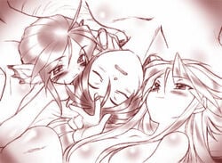 animal_ears blush breasts breath_of_fire breath_of_fire_ii capcom cat_ears dr.p eyebrows facial_mark feathers katt large_breasts monochrome nina_(breath_of_fire_ii) nude rinpoo_chuan ryuu_(breath_of_fire_ii) wings