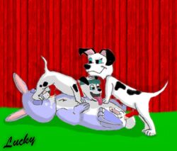 101_dalmatians 3boys canine christianity disney dog easter_bunny feral fur gay holidays lucky_(101_dalmatians) male male_only mammal penis public_domain sex tagme testicles yaoi