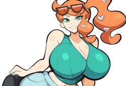 ai_generated cleavage female glasses glasses_on_head huge_breasts looking_at_viewer mullon novelai orange_hair pokemon pokemon_ss ponytail shirt smile solo sonia_(pokemon)