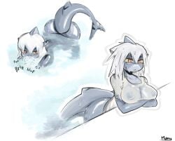 female_only mony_(artist) nipples original_character pool protruding_nipples red_eyes shark shark_girl shark_humanoid shark_tail tiger_shark water wet_clothes yellow_eyes