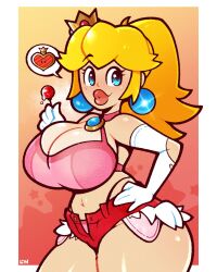 1girls armwear big_breasts big_lips blonde_hair blue_eyes bottomwear breasts cleavage crown dick_sucking_lips ear_piercing earrings elbow_gloves female female_only gloves hair hand_on_hip headwear heart hips holding_object huge_breasts legendofnerd lips lollipop mario_(series) nintendo plump_lips ponytail princess_peach red_shorts short_shorts shorts solo solo_female speech_bubble thick_lips thick_thighs thighs thong topwear white_gloves wide_hips