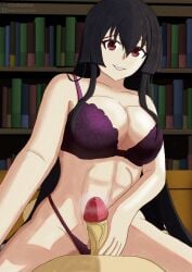 akame_(akame_ga_kill!) akame_ga_kill! big_breasts black_hair crobadus handjob hard_on lingerie red_eyes sitting_on_person