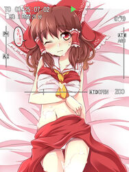 ascot bow breasts brown_hair cum cum_on_body cum_on_breasts cum_on_lower_body cum_on_upper_body female female_only hair_ribbon hair_tubes hairbow haruki_5050 human looking_at_viewer midriff navel one_eye_closed panties recording red_eyes reimu_hakurei ribbon sarashi skirt sleeves_removed solo sweatdrop text touhou translation_request underwear white_panties