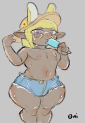 bulge bulge_through_clothing bunny_boy bunny_ears daisy_dukes femboy ffxiv final_fantasy_xiv gyaru gyaru-oh high_waisted_thong jean_shorts lalafell oc oni_draws original original_character popsicle shorts shortstack sunhat sweat teapot_(body_type) thick_thighs thong wide_hips