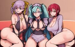 3girls akeno_(itsnafulol) apron ass bb_(fate) bb_dubai_(fate) between_breasts bikini blue_hair braid breasts bubble_butt center_opening chainsaw_man cleavage collar couch dat_ass dress evening_gown fate/grand_order fate_(series) hair_between_eyes hair_ribbon huge_ass jewelry long_hair looking_at_viewer maid maid_apron maid_bikini maid_headdress makima_(chainsaw_man) multiple_girls necklace pink_eyes ponytail purple_eyes purple_hair red_hair ribbon sitting smile someone19912 swimsuit thick_thighs thighs thong twintails wide_hips yellow_eyes yuri